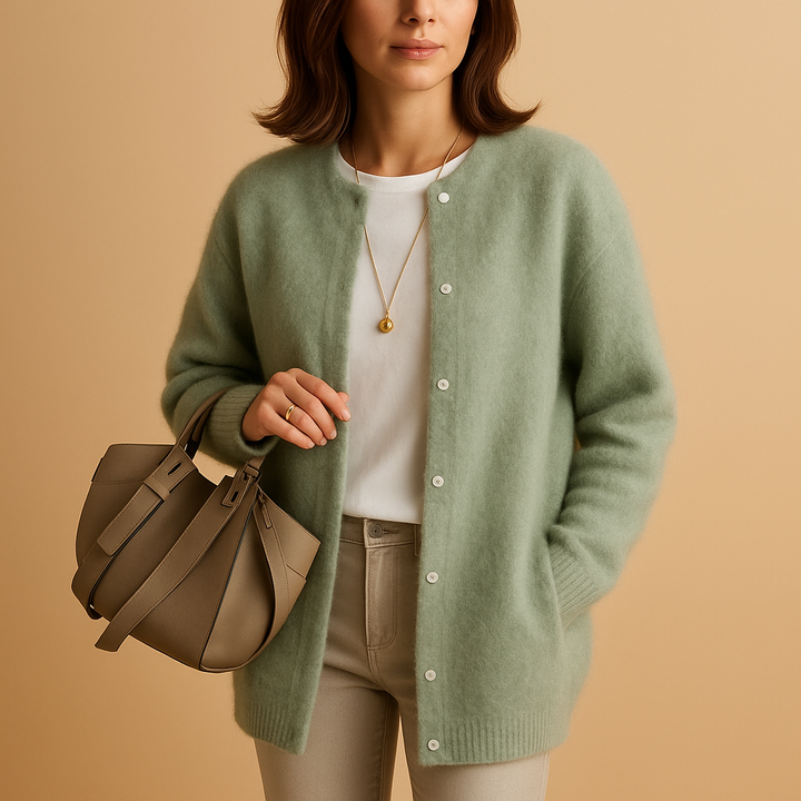 Women's long button front cardigan with crew neckline and long sleeves