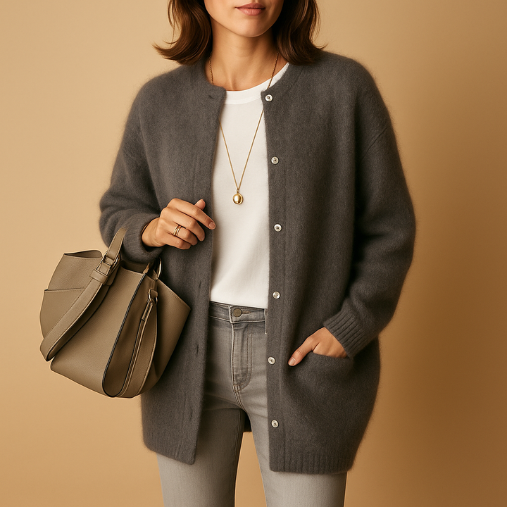 Women's long button front cardigan with crew neckline and long sleeves