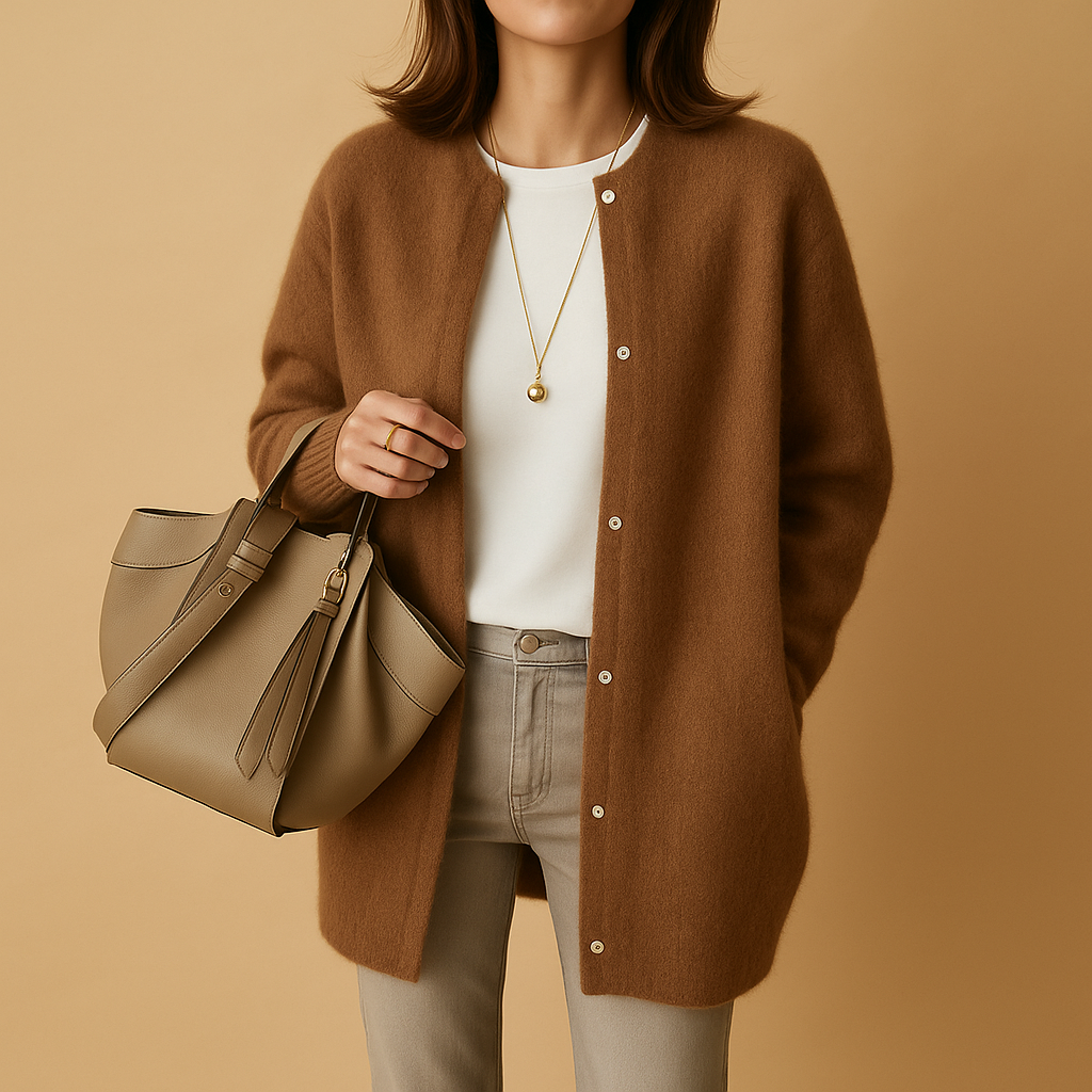 Women's long button front cardigan with crew neckline and long sleeves