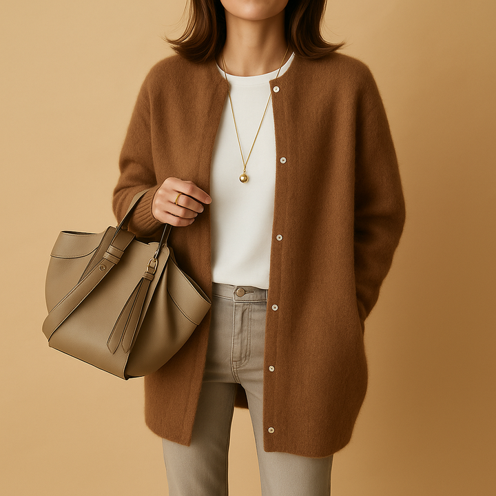 Women's long button front cardigan with crew neckline and long sleeves