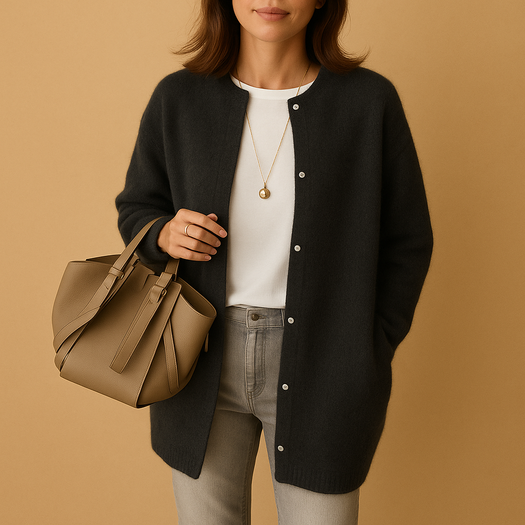 Women's long button front cardigan with crew neckline and long sleeves