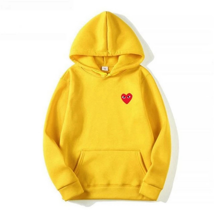 Women's pullover hoodie with hood, long sleeves, kangaroo pocket and heart eye motif