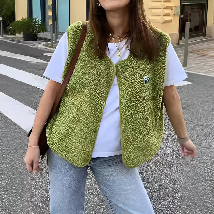 Women's sleeveless textured button-front vest with V-neckline