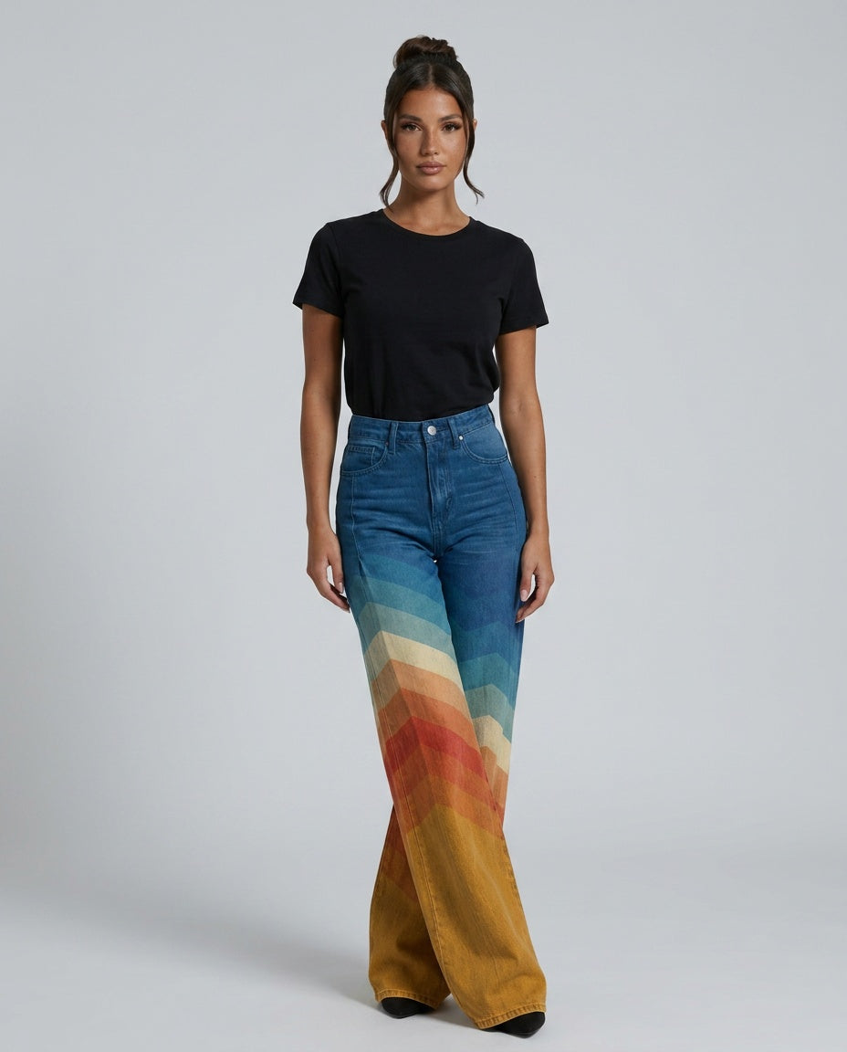 Women's high-waist wide-leg jeans with multicolour chevron stripes