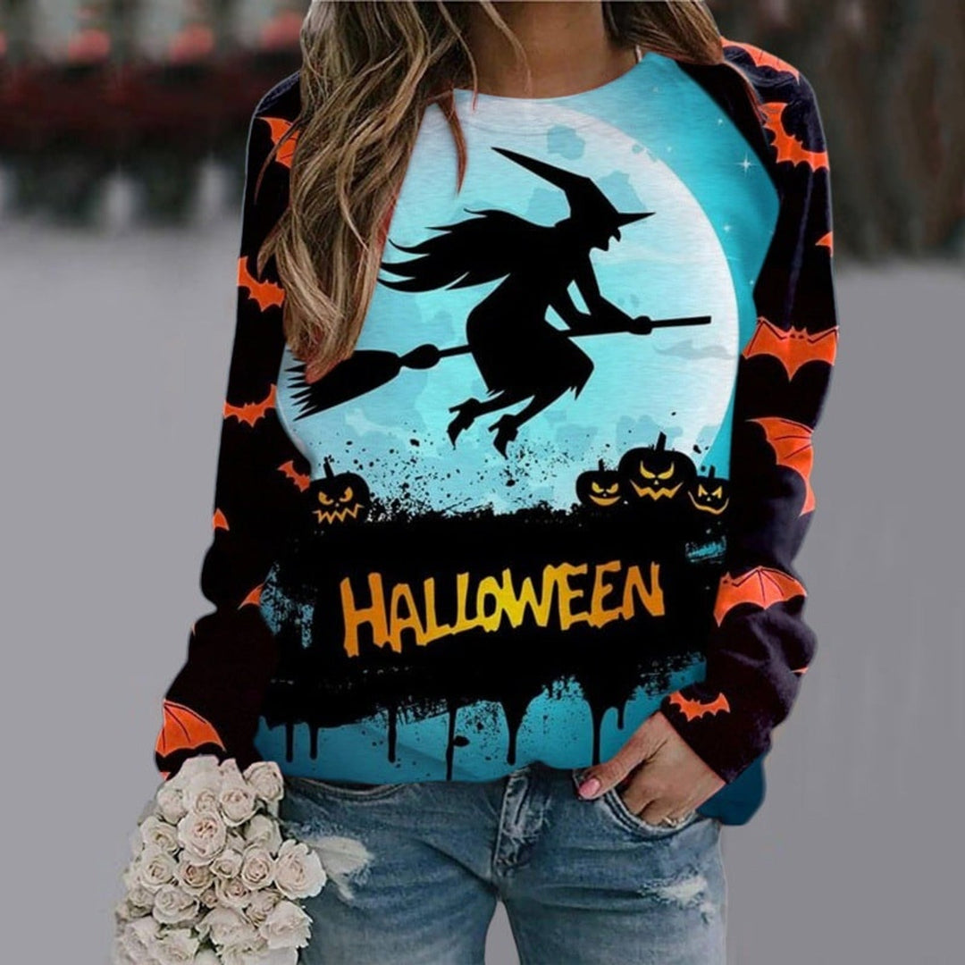 Women's long-sleeve Halloween graphic sweatshirt with skeleton and witch designs