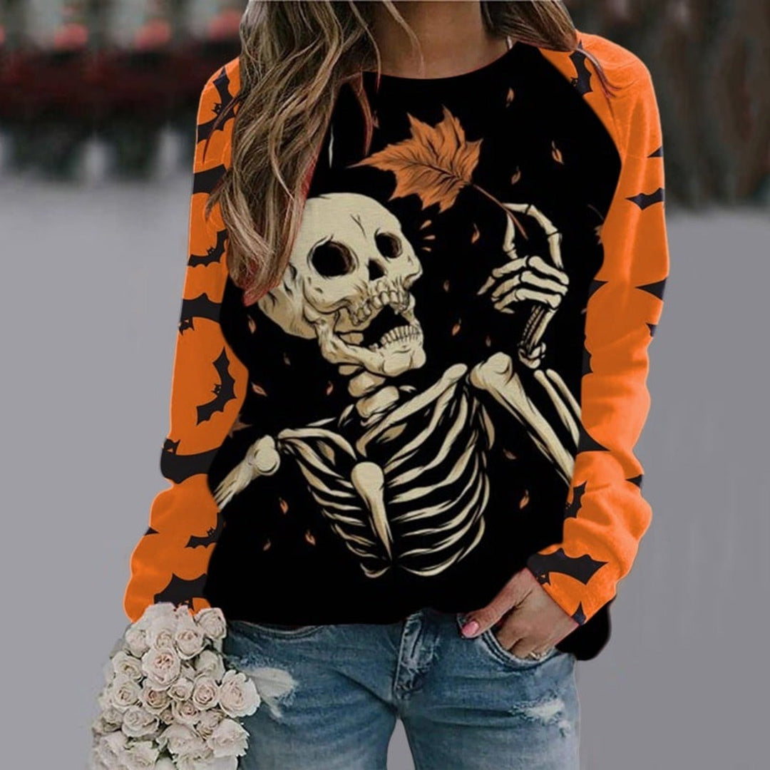 Women's long-sleeve Halloween graphic sweatshirt with skeleton and witch designs