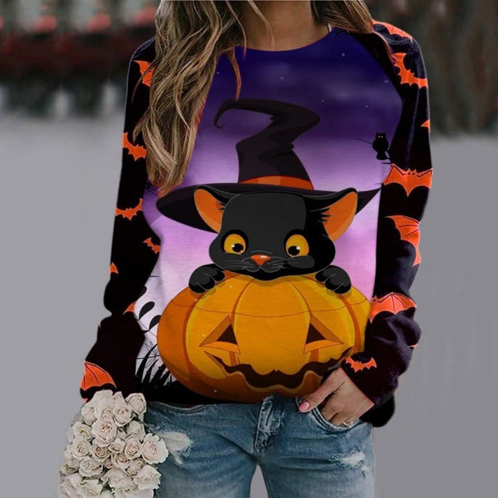 Women's long-sleeve Halloween graphic sweatshirt with skeleton and witch designs