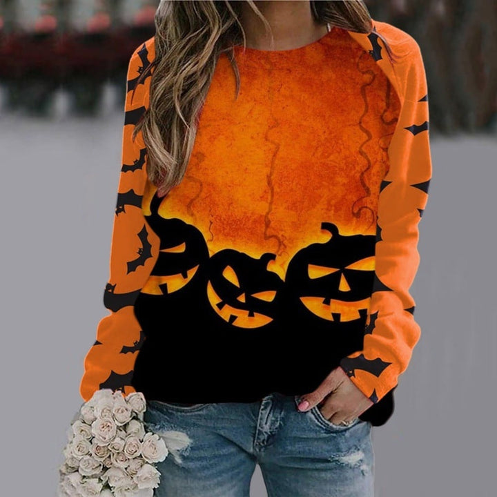 Women's long-sleeve Halloween graphic sweatshirt with skeleton and witch designs