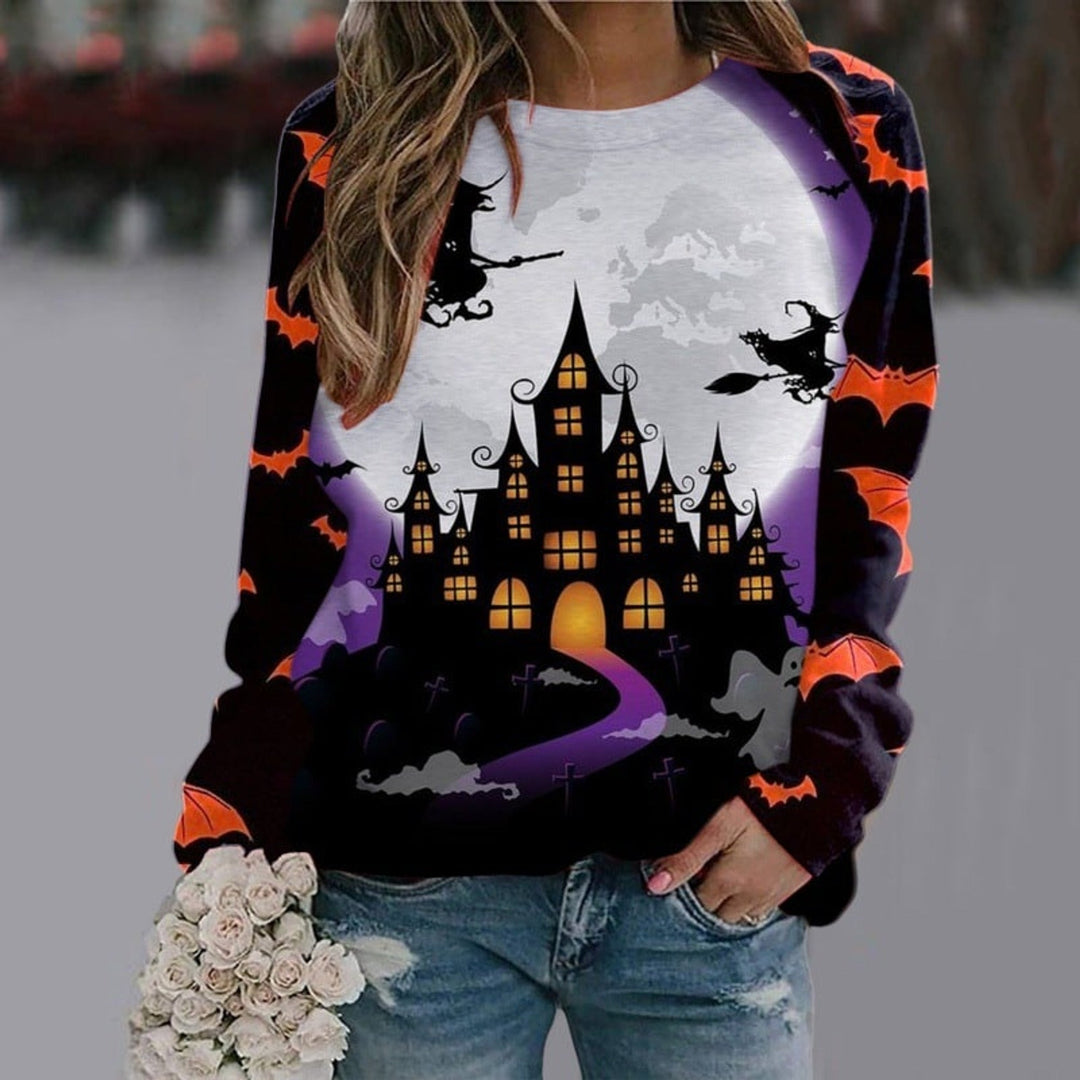 Women's long-sleeve Halloween graphic sweatshirt with skeleton and witch designs