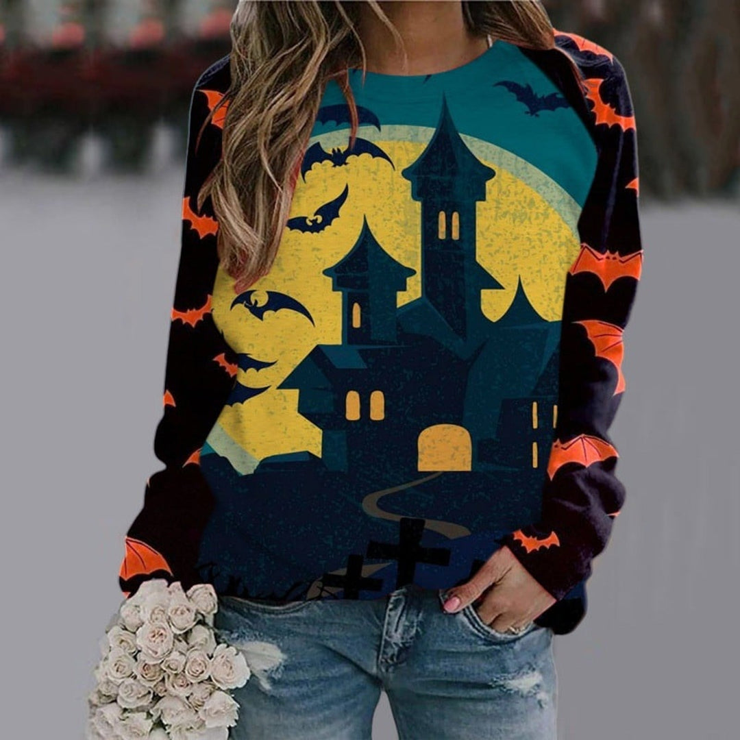 Women's long-sleeve Halloween graphic sweatshirt with skeleton and witch designs