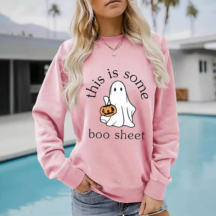 Women's Halloween sweatshirt with ghost and pumpkin graphic