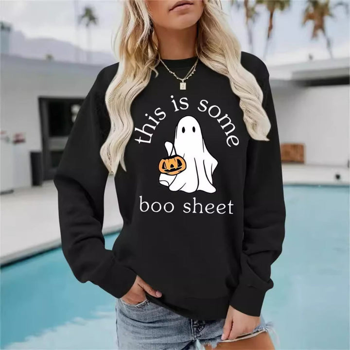 Women's Halloween sweatshirt with ghost and pumpkin graphic