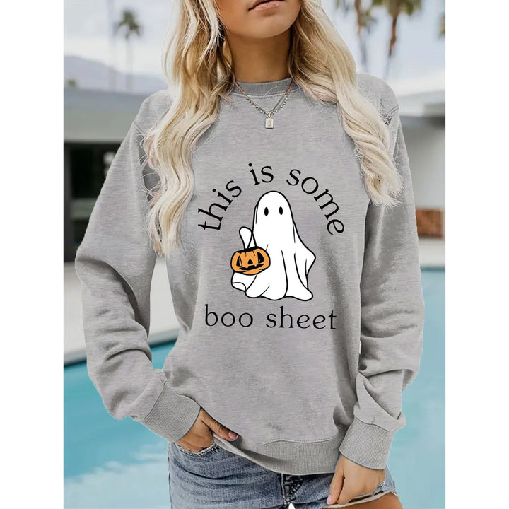 Women's Halloween sweatshirt with ghost and pumpkin graphic