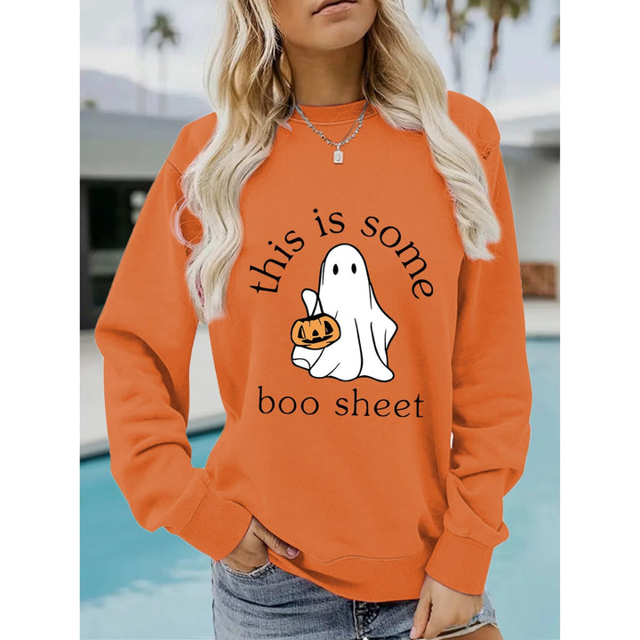 Women's Halloween sweatshirt with ghost and pumpkin graphic