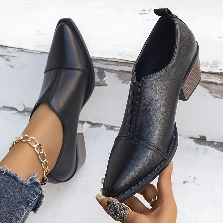 Pointed toe women's ankle boots with block heels and elasticated side sections