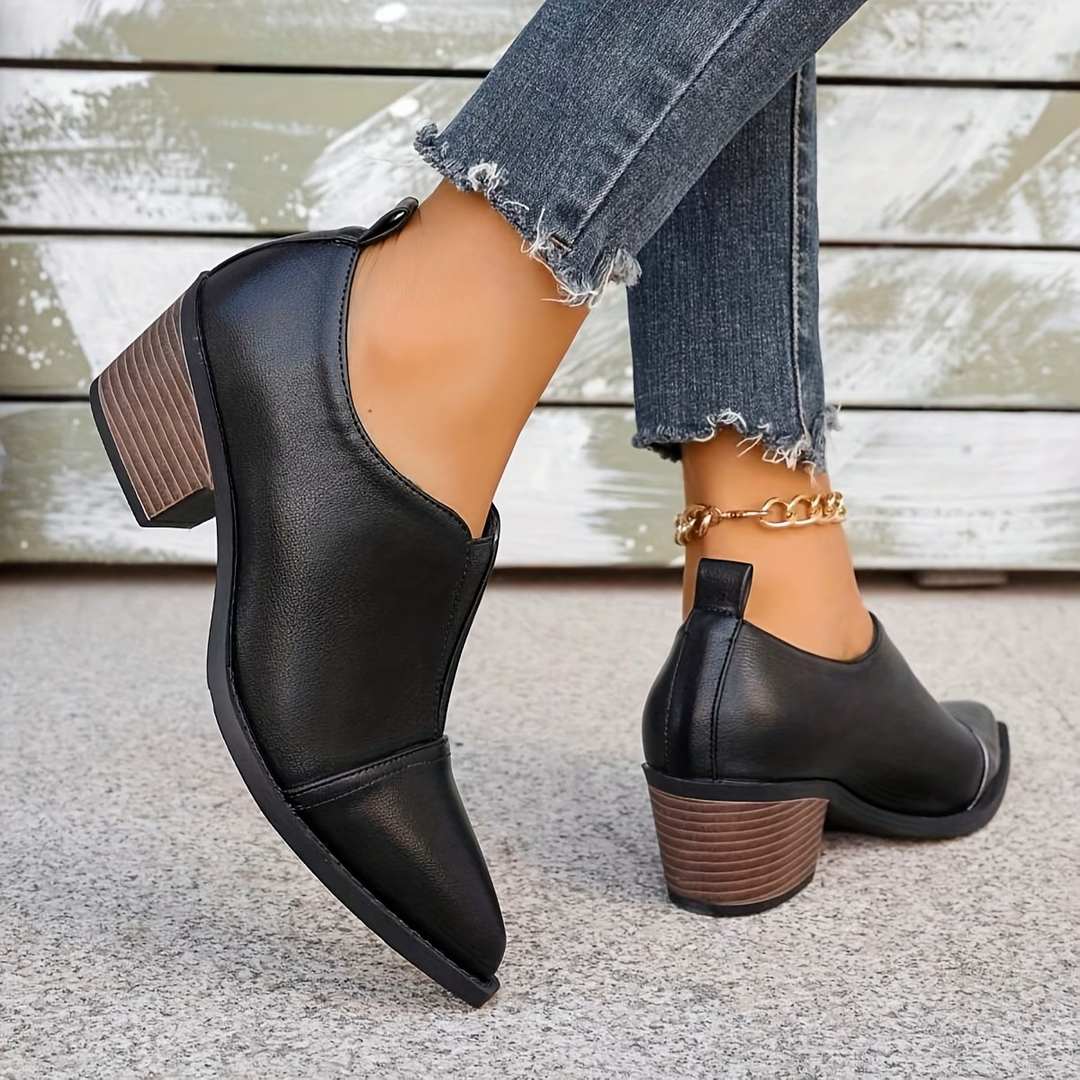 Pointed toe women's ankle boots with block heels and elasticated side sections