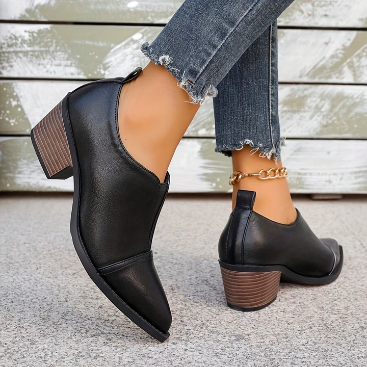 Pointed toe women's ankle boots with block heels and elasticated side sections