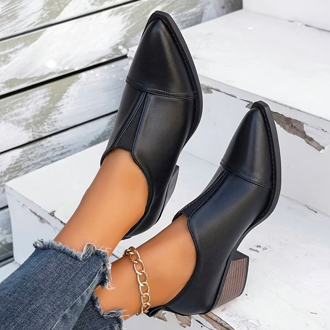 Pointed toe women's ankle boots with block heels and elasticated side sections
