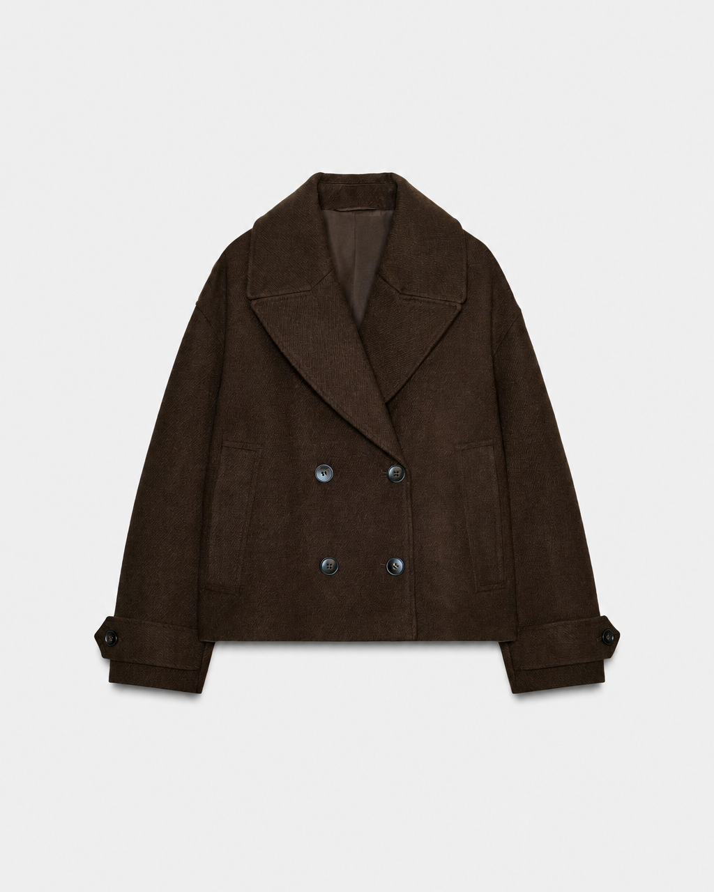 Women's short double-breasted coat with notched lapels and long sleeves