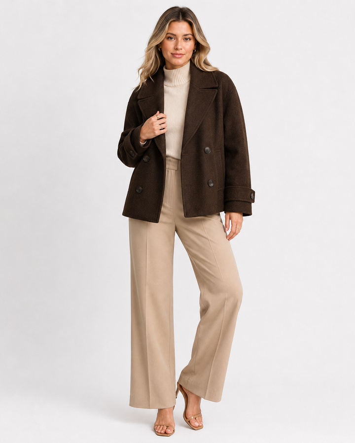 Women's short double-breasted coat with notched lapels and long sleeves