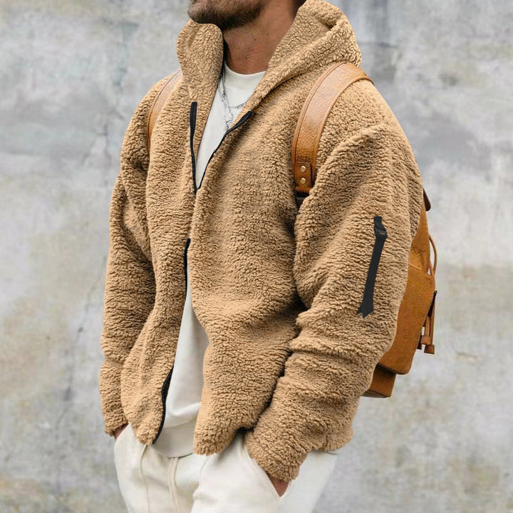 Men's hooded textured fleece jacket with full-zip front and long sleeves