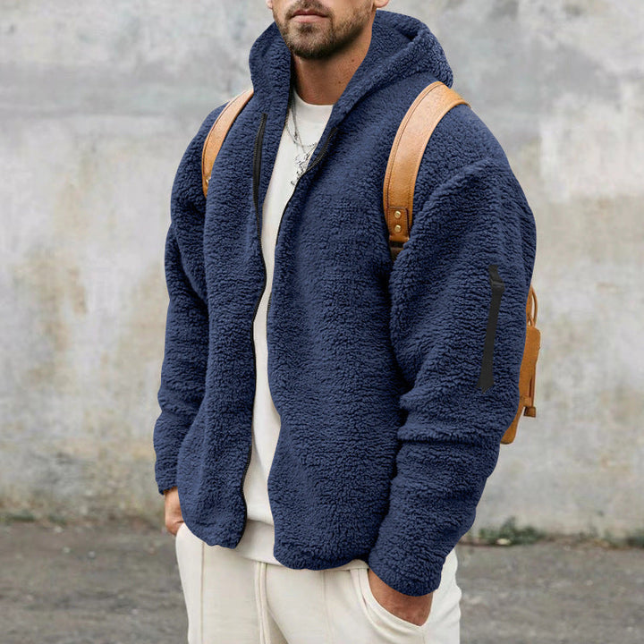 Men's hooded textured fleece jacket with full-zip front and long sleeves