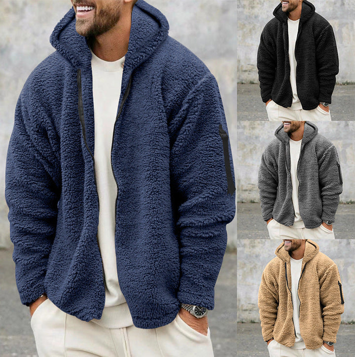 Men's hooded textured fleece jacket with full-zip front and long sleeves