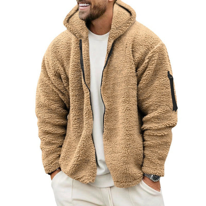 Men's hooded textured fleece jacket with full-zip front and long sleeves