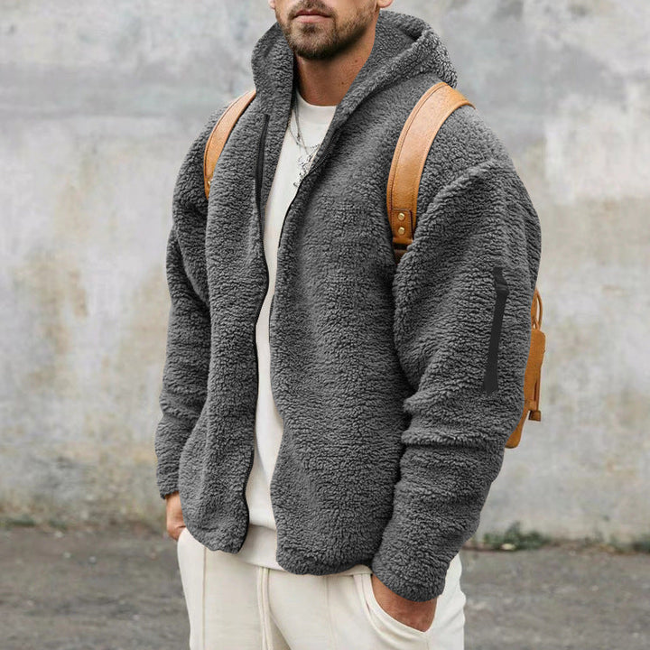 Men's hooded textured fleece jacket with full-zip front and long sleeves
