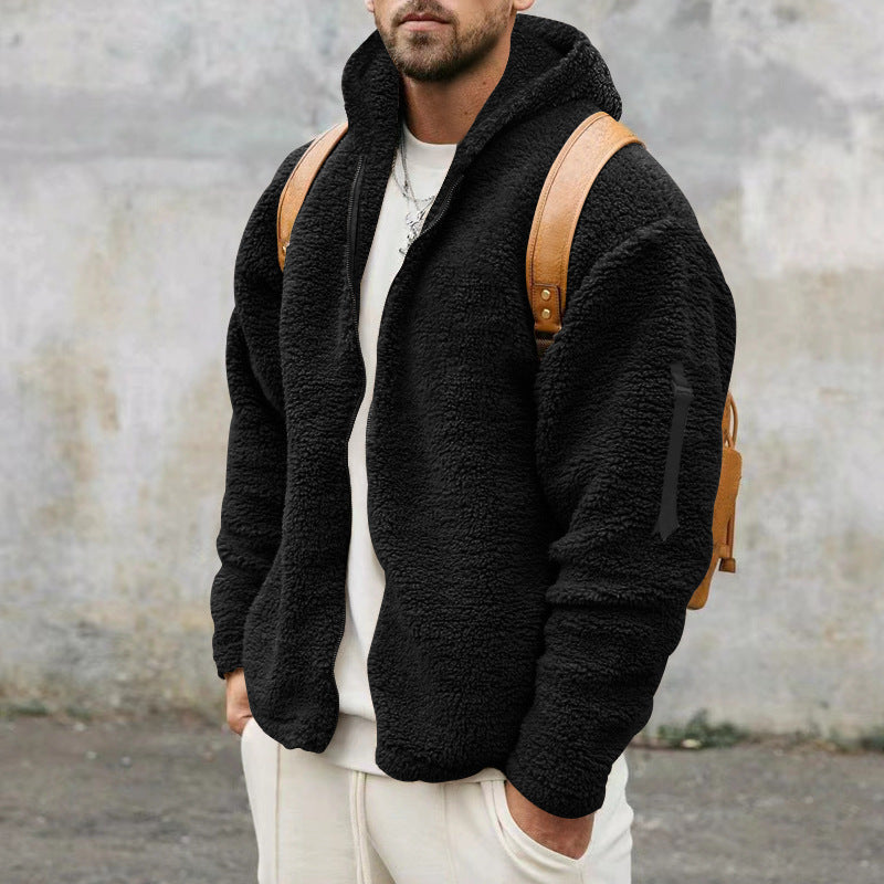 Men's hooded textured fleece jacket with full-zip front and long sleeves