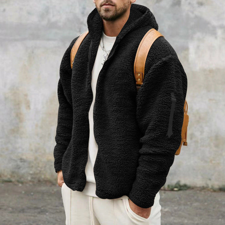 Men's hooded textured fleece jacket with full-zip front and long sleeves
