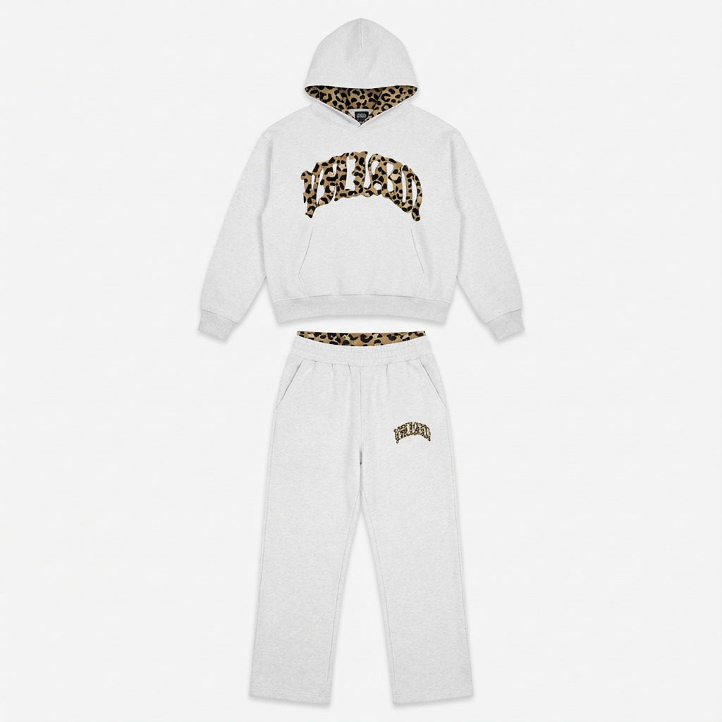Women's leopard print hoodie and jogger set with hood and long sleeves