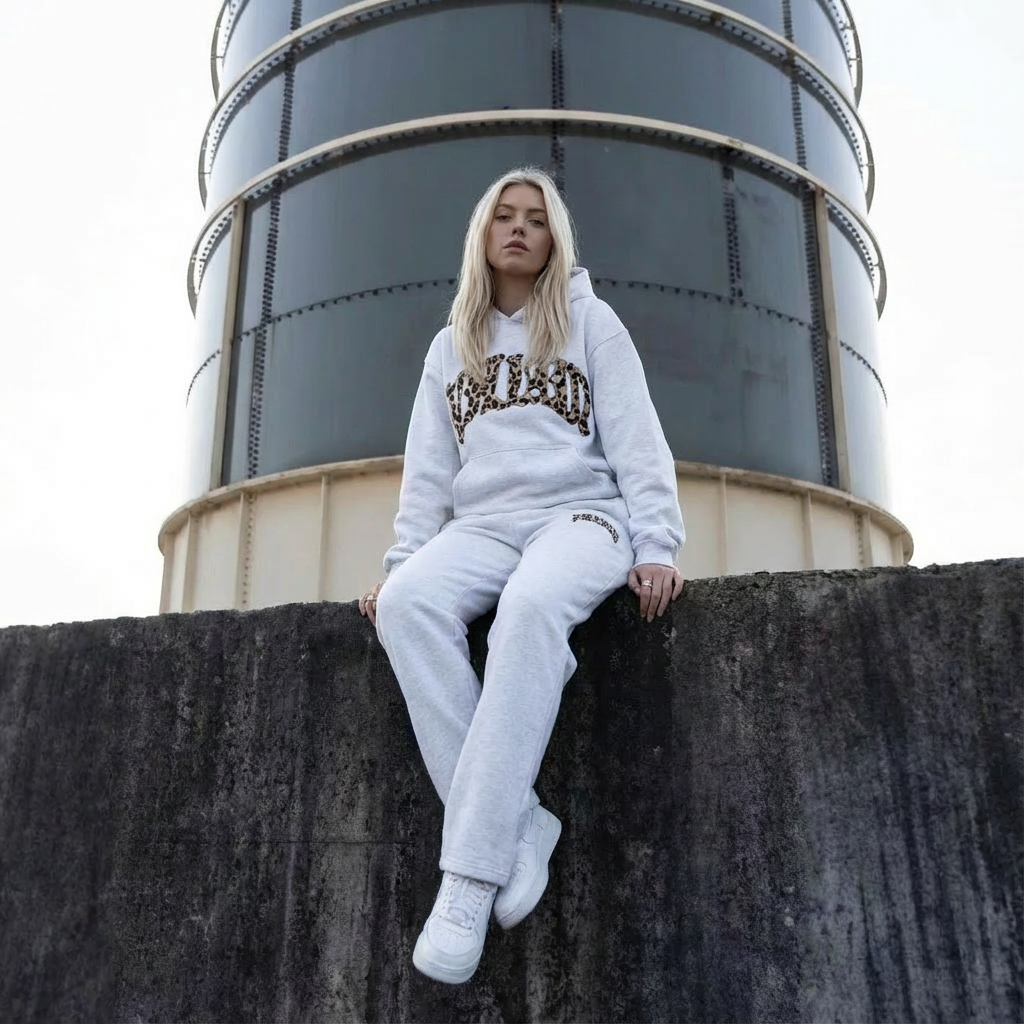 Women's leopard print hoodie and jogger set with hood and long sleeves