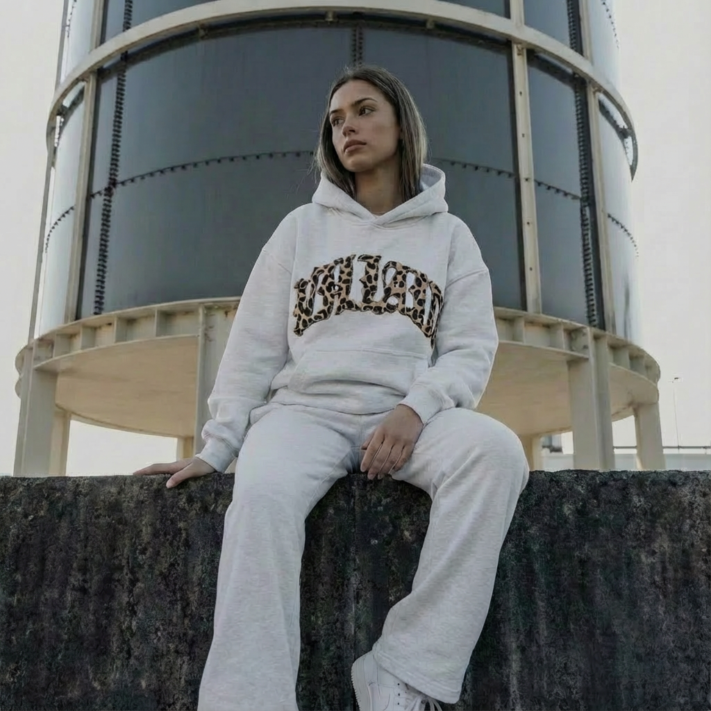 Women's leopard print hoodie and jogger set with hood and long sleeves