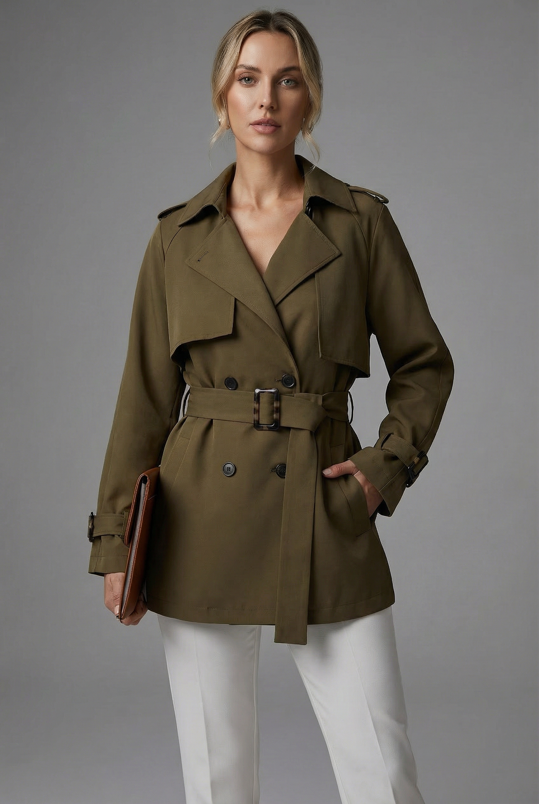 Women's green belted trench coat with notched lapels and long sleeves