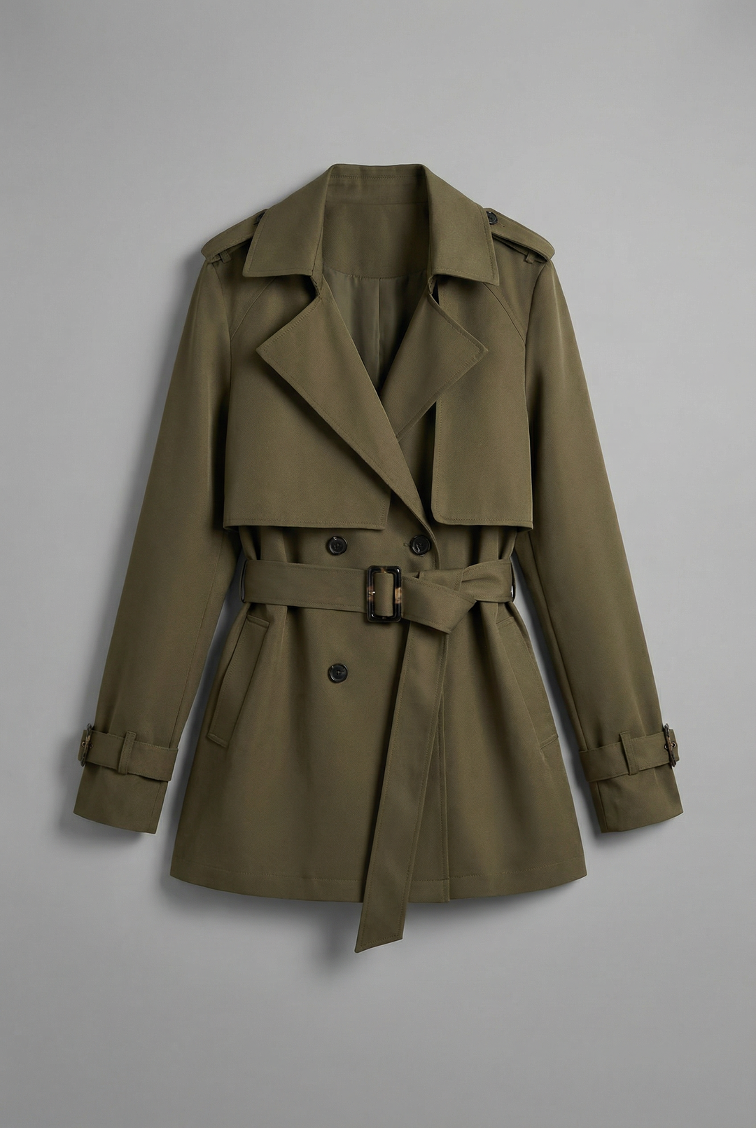 Women's green belted trench coat with notched lapels and long sleeves