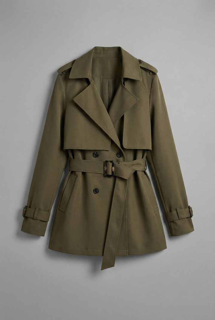 Women's green belted trench coat with notched lapels and long sleeves