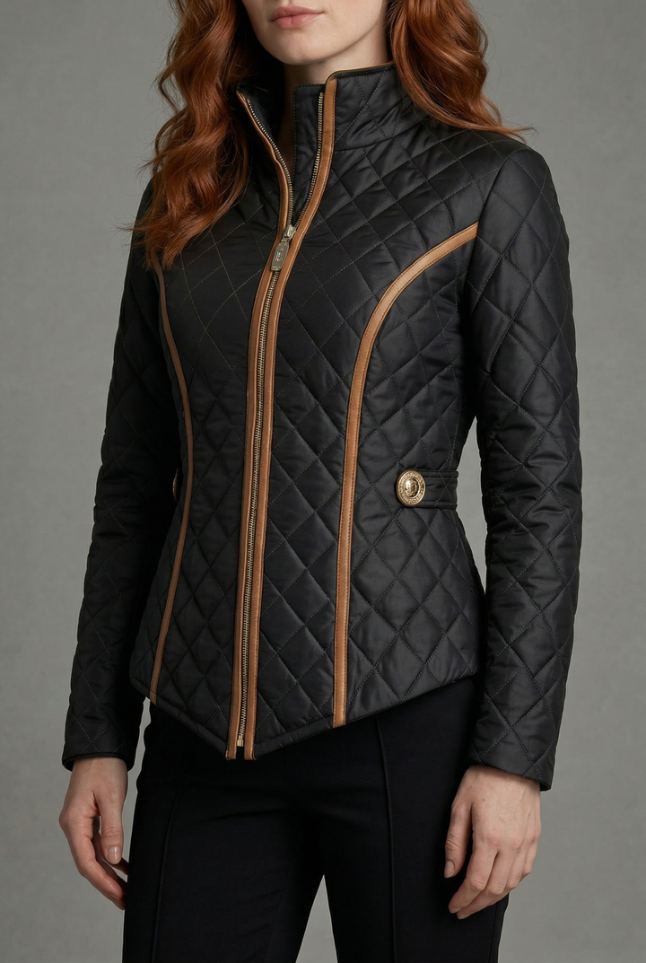 Women's black diamond quilted jacket with tan trim and zip front
