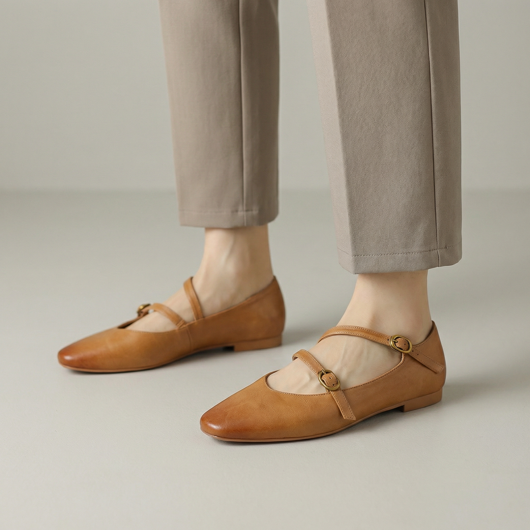 Women's Mary Jane flats with double buckle straps and low heels