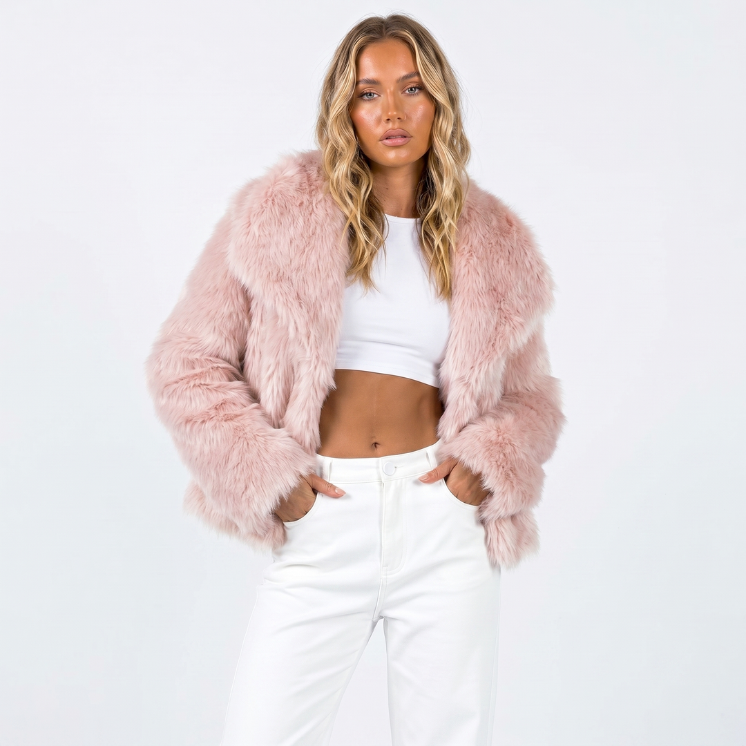 Women's cropped faux fur jacket with long sleeves and open front