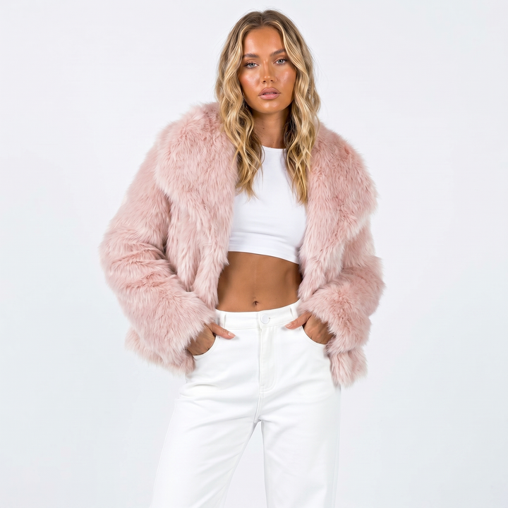 Women's cropped faux fur jacket with long sleeves and open front