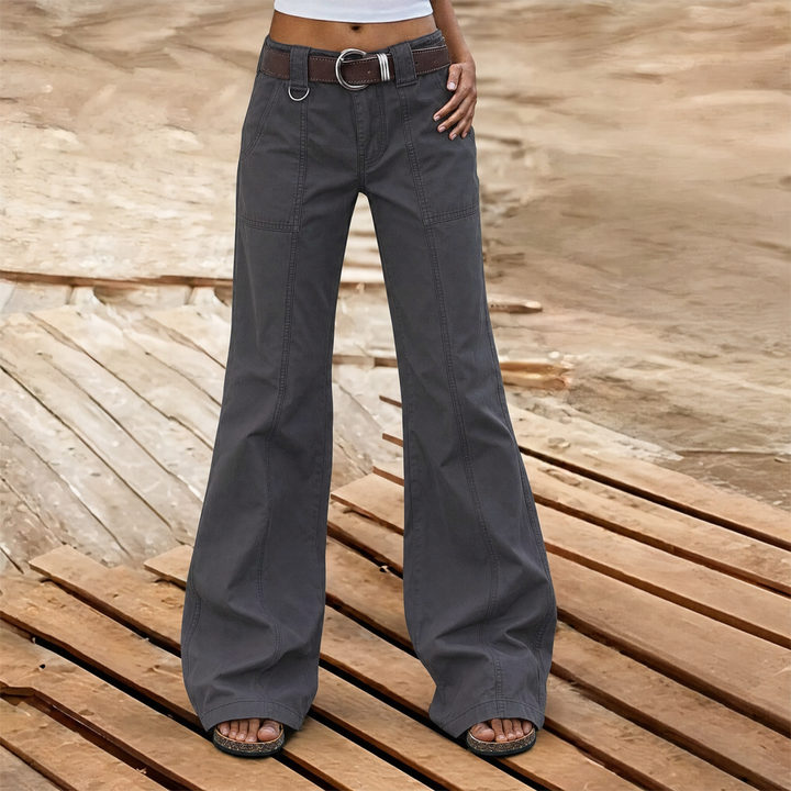 Women's wide leg cargo trousers with utility pockets and panel stitching