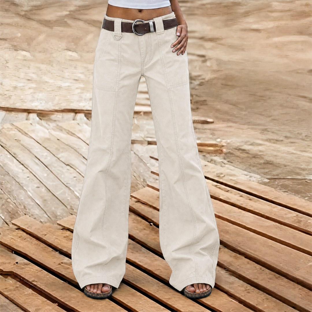 Women's wide leg cargo trousers with utility pockets and panel stitching