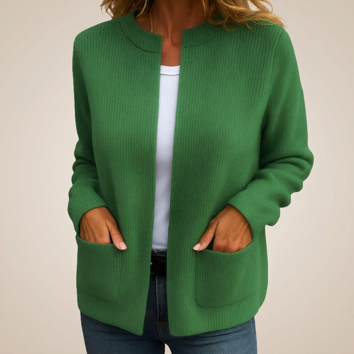 Women's ribbed open front cardigan with long sleeves and two patch pockets