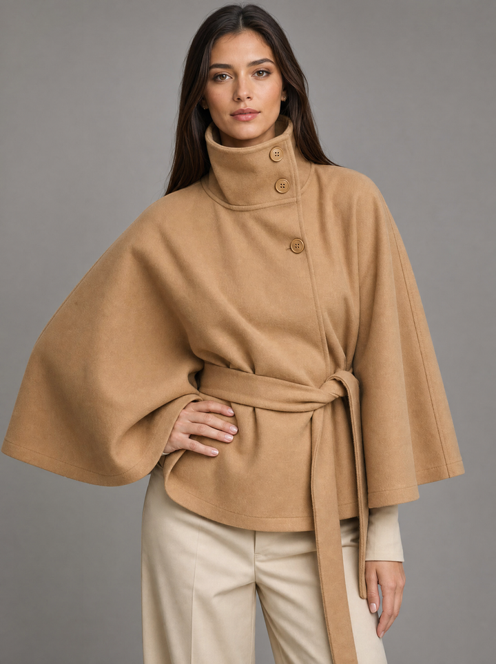 Women's belted wrap poncho cape with high collar, buttons and wide sleeves