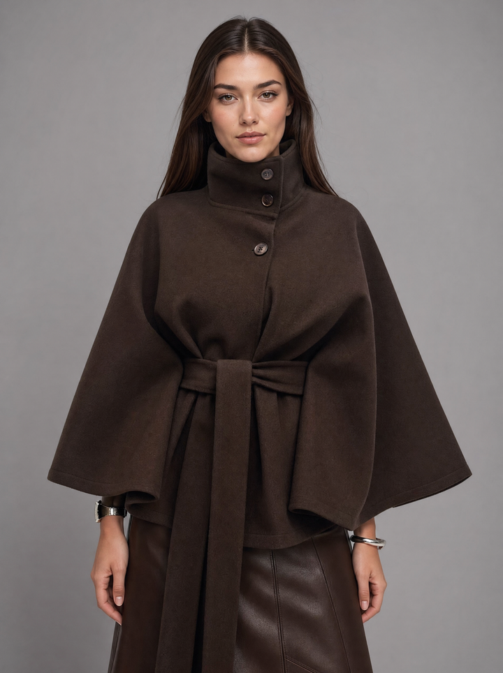 Women's belted wrap poncho cape with high collar, buttons and wide sleeves