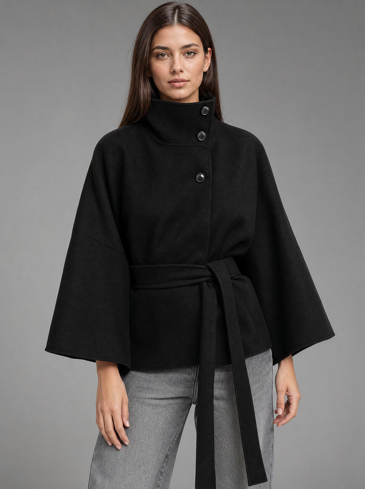 Women's belted wrap poncho cape with high collar, buttons and wide sleeves