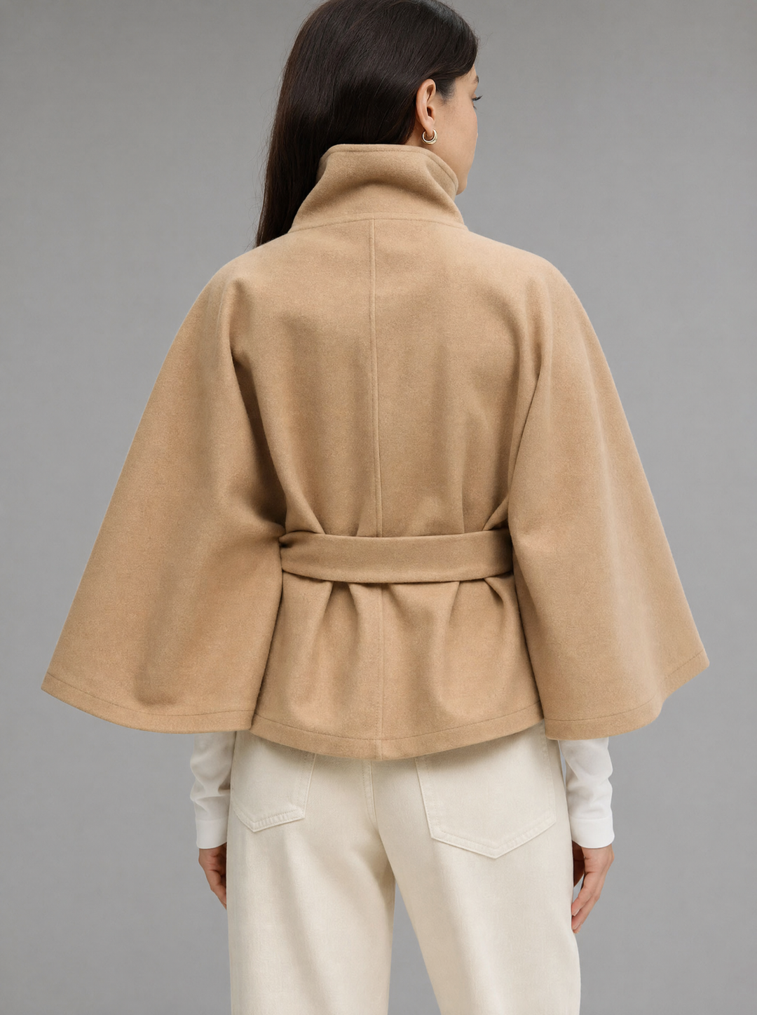 Women's belted wrap poncho cape with high collar, buttons and wide sleeves