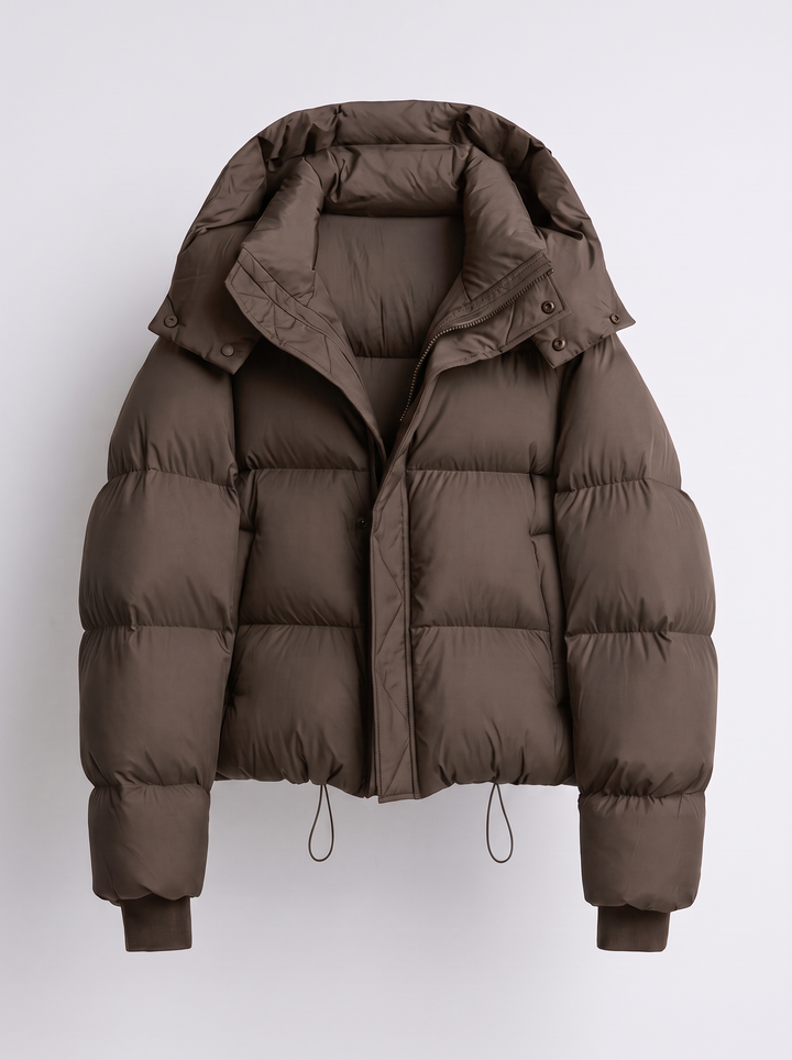 Women's oversized hooded puffer jacket with zip front and drawcord hem