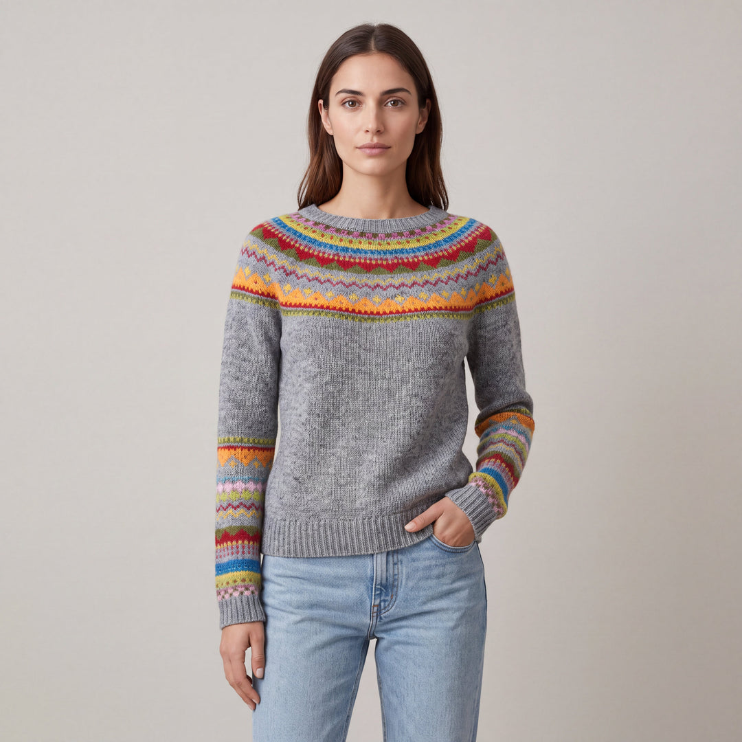 Women's multicolour Fair Isle boat neck sweater with long sleeves